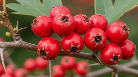 vibrant red berries on a thorny branch captured in nature's glory, showcasing their texture and rich color against a fuzzy green background
