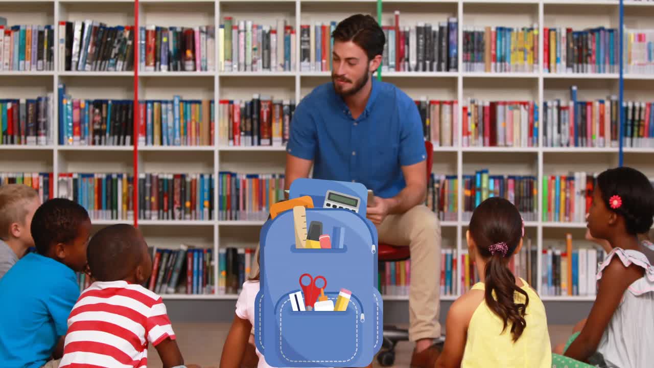 múltiples iconos del concepto de la escuela contra el maestro que enseña a los estudiantes