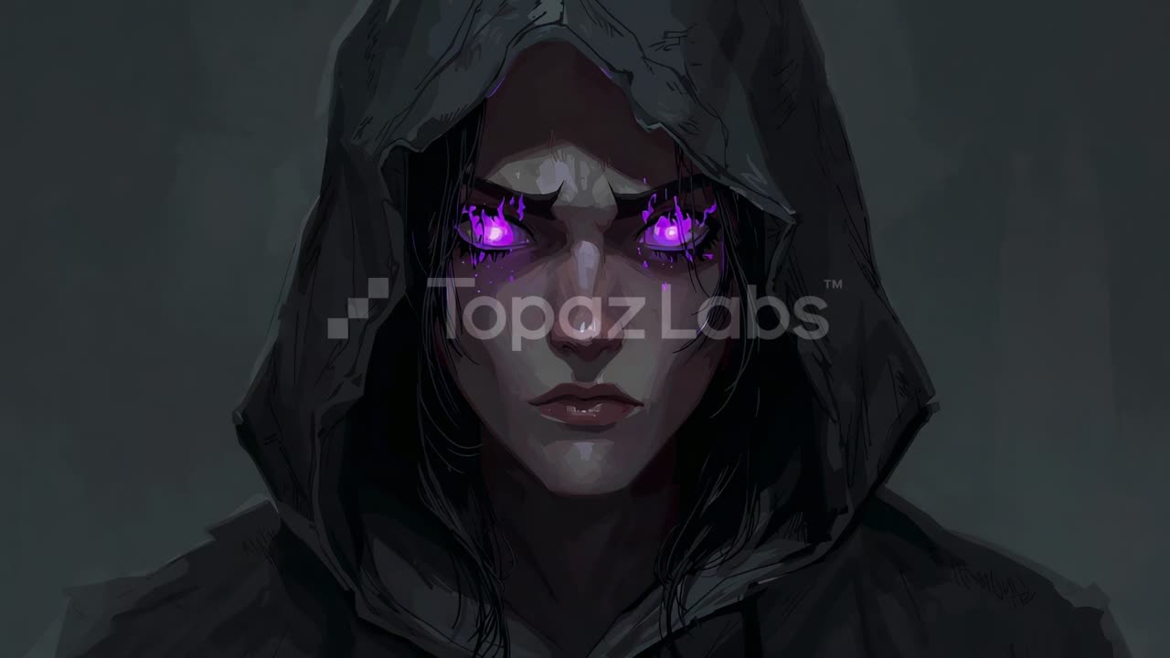 Pulsing hooded figure purple eye glow over frames embers rising on gray set Topaz Labs watermark