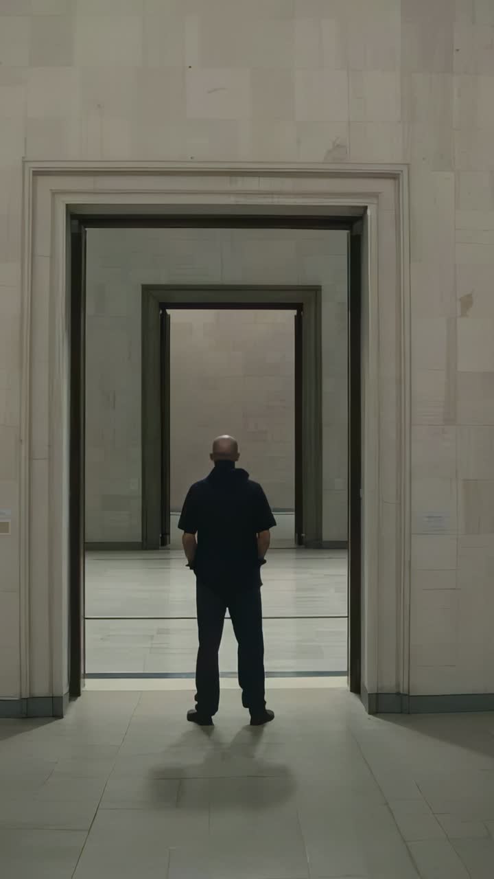 Vertical video: Pausing then walking man moving through museum hall to far exit, passing doorways