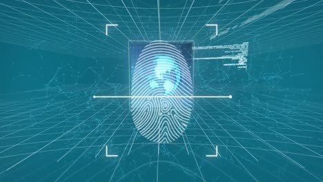 Animation-of-fingerprint-scanner,-globe-and-data-processing-on-blue-background