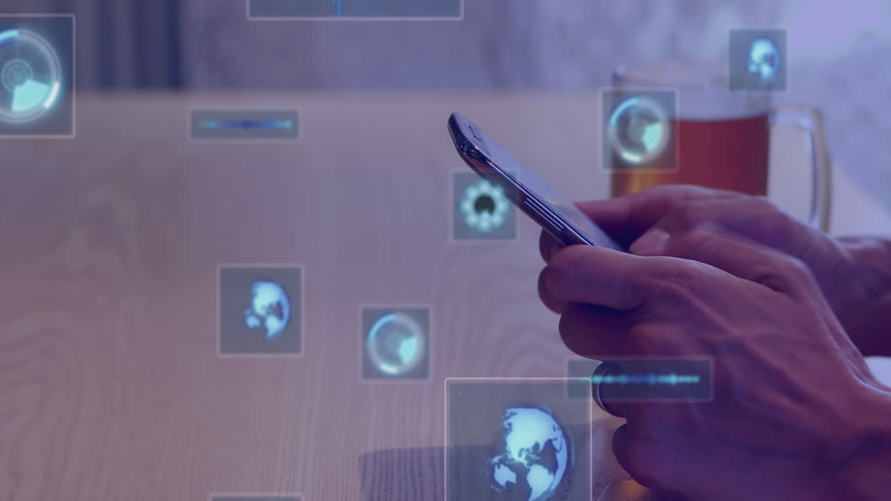 animación de escáneres de escaneo y procesamiento de datos sobre el hombre usando teléfono inteligente.