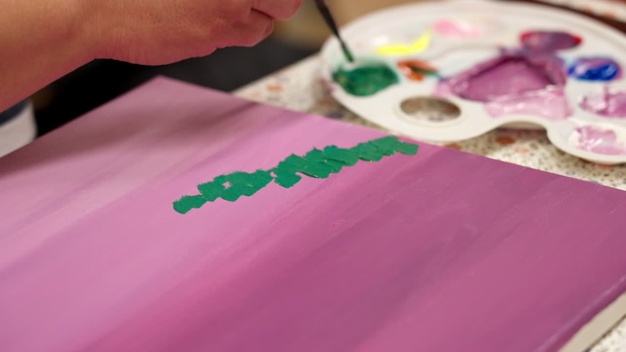 Painting green trees on a purple gradient canvas
