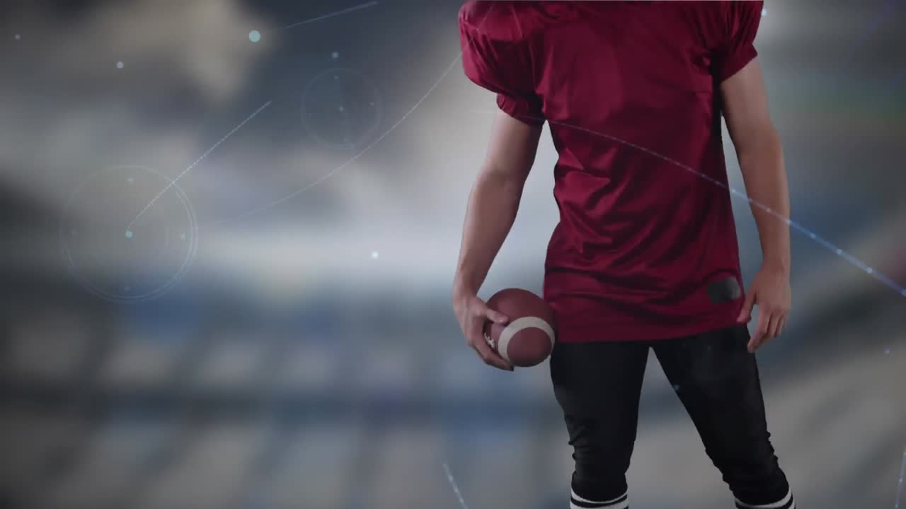 스포츠 스타디움에서 아메리칸  ⁇ 볼 선수를 통해 연결 네트워크의 애니메이션