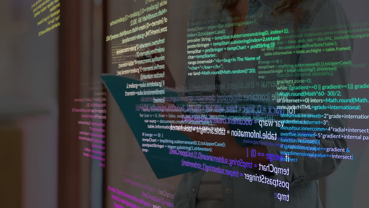 Female student holding tablet and exploring holographic code lines in education technology demo
