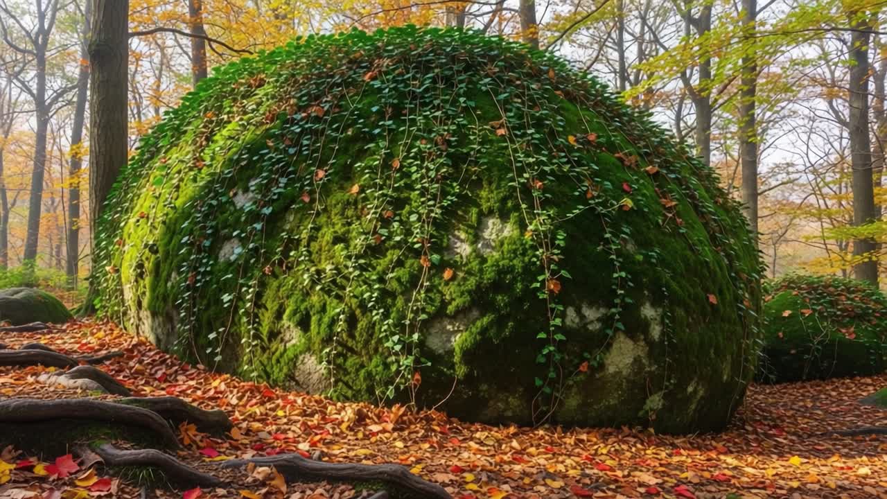 A Stunning Green Oasis: A Lush Moss-Covered Boulder Surrounded by Autumn Foliage and Leaf-Laden Ground Illustrating Nature's Resilience and Beauty