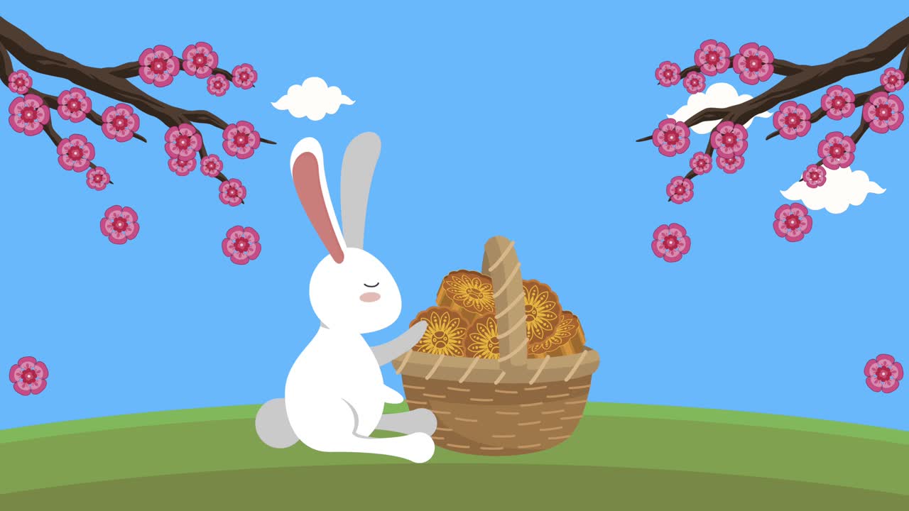 happy mid autumn festival animation with rabbit and basket