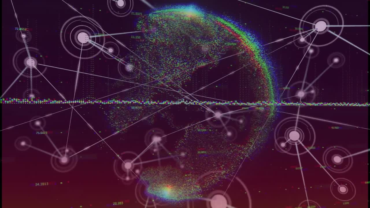 Animation af forbundne prikker med tal og en globus, der bevæger sig på sort baggrund