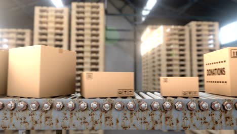 different size cardboard boxes transporting on old conveyor belt, seamless loop