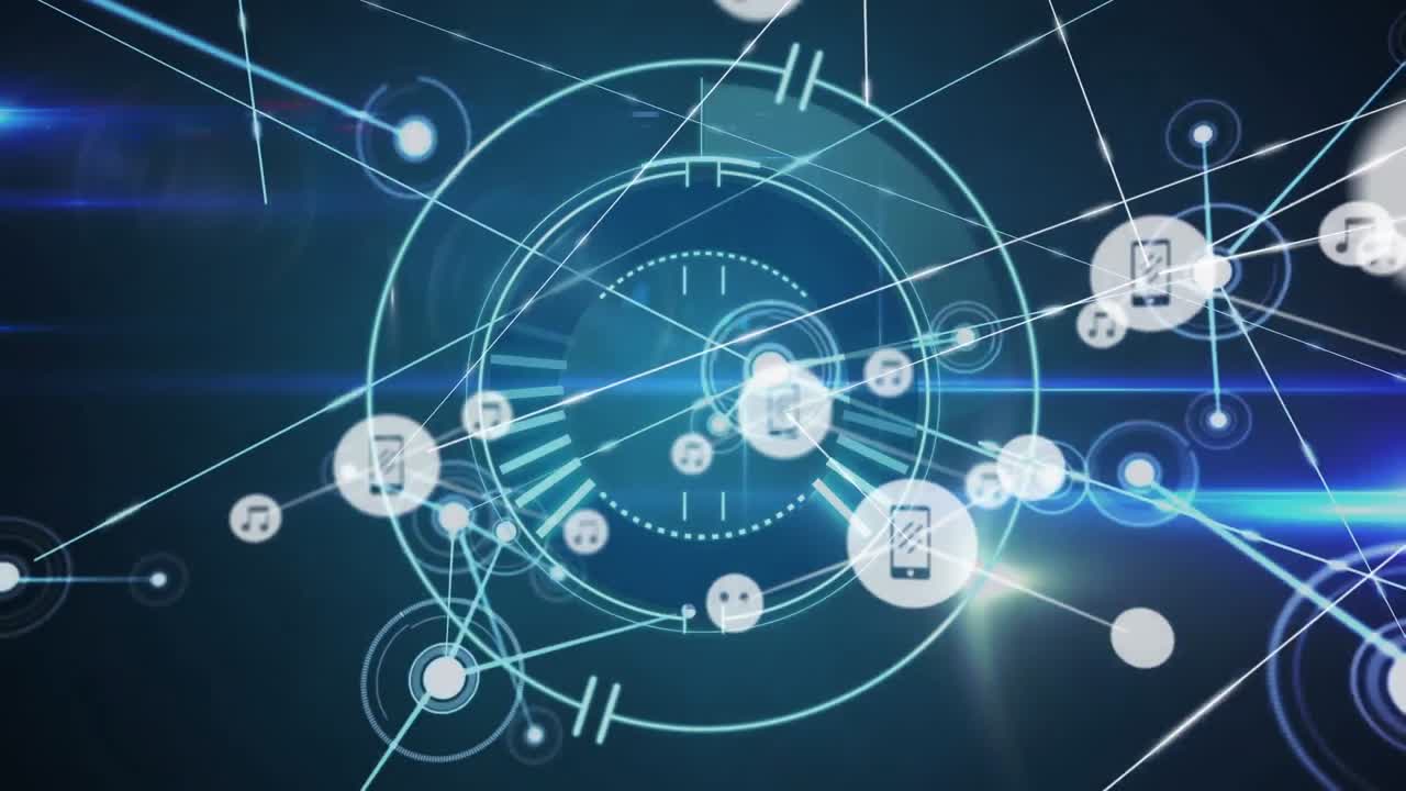 검은색 배경에 아이콘과 범위 스캐닝을 가진 연결 네트워크의 애니메이션