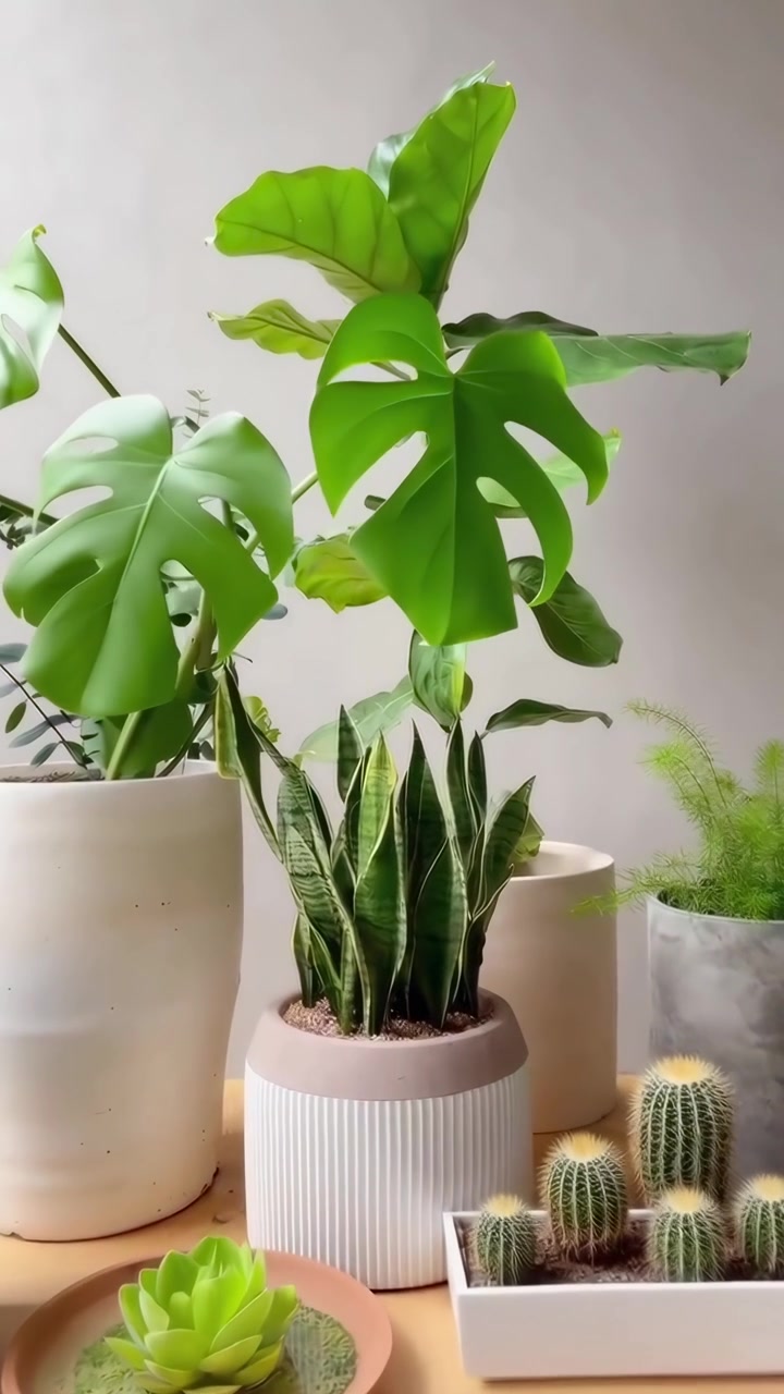 Primo piano di una moderna collezione di piante da interno in vaso su un tavolo di legno.