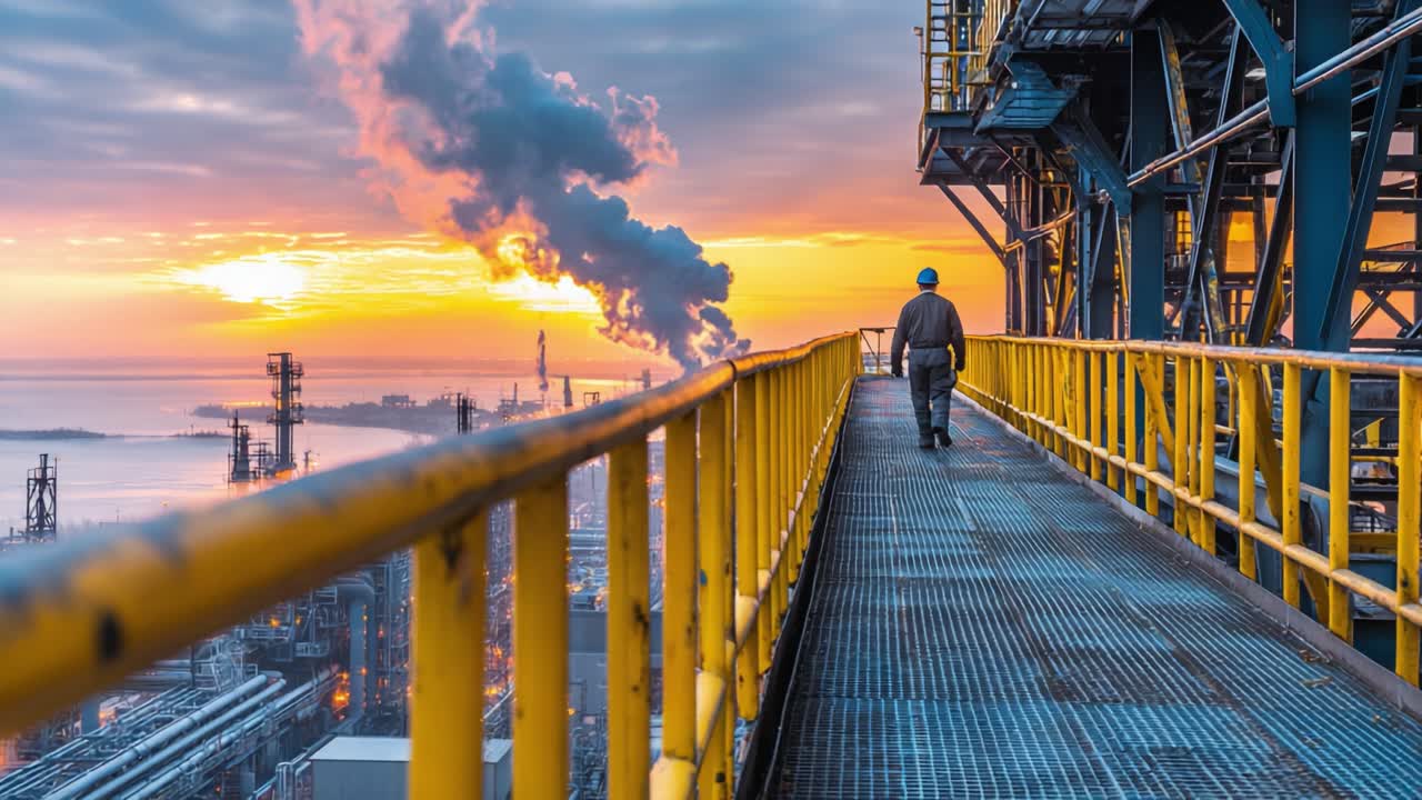 Un ouvrier se promenant le long d’une passerelle surélevée dans une usine pétrochimique alors que le soleil se couche sur le paysage industriel, créant un ciel spectaculaire et une atmosphère enfumée