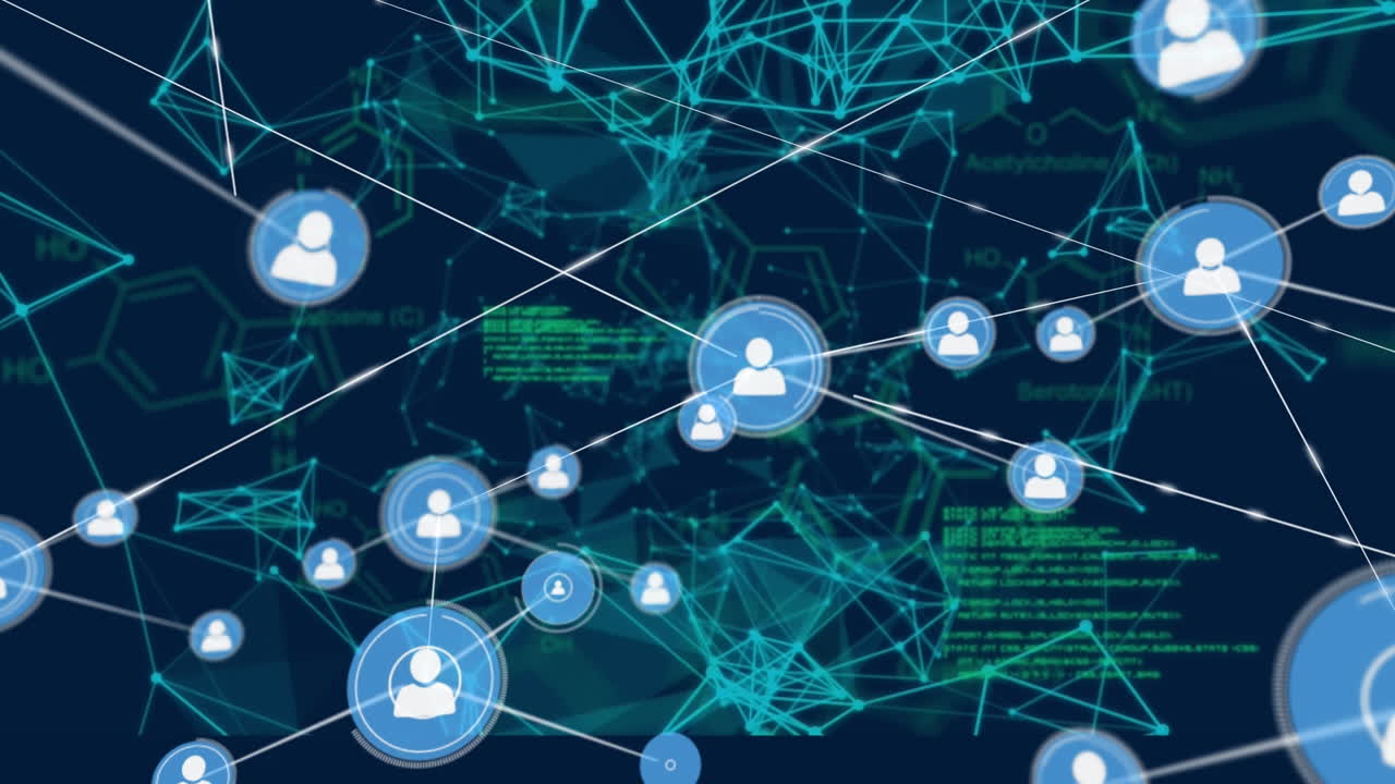 animación de la red de conexiones con iconos sobre el procesamiento de datos