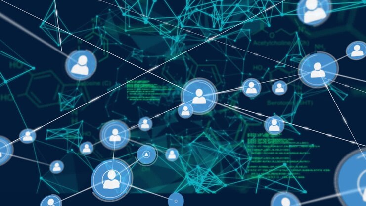 Animation of network of connections with icons over data processing
