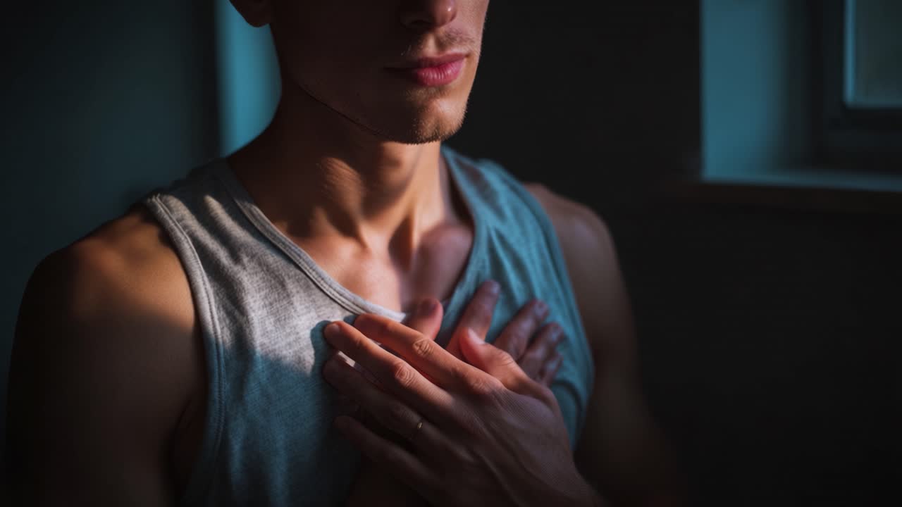 Un Momento Contemplativo: Un Giovane con un'Espressione Calma che Medita sulle Profondità della Vita Tra Luci Soffuse e Ombre in uno Spazio Interno Sereno