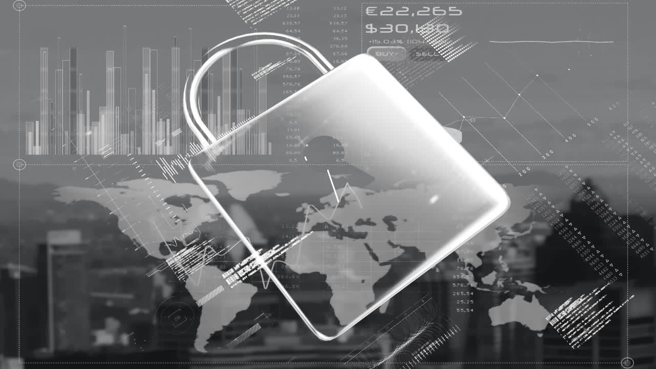 icono de candado de seguridad e interfaz digital con procesamiento de datos contra el paisaje urbano en segundo plano