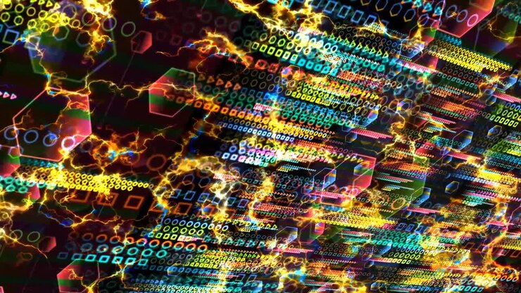 Quantum computer futuristic technology digital holographic process and analysis for big data and abstract polygon on gold ice bolt glow background