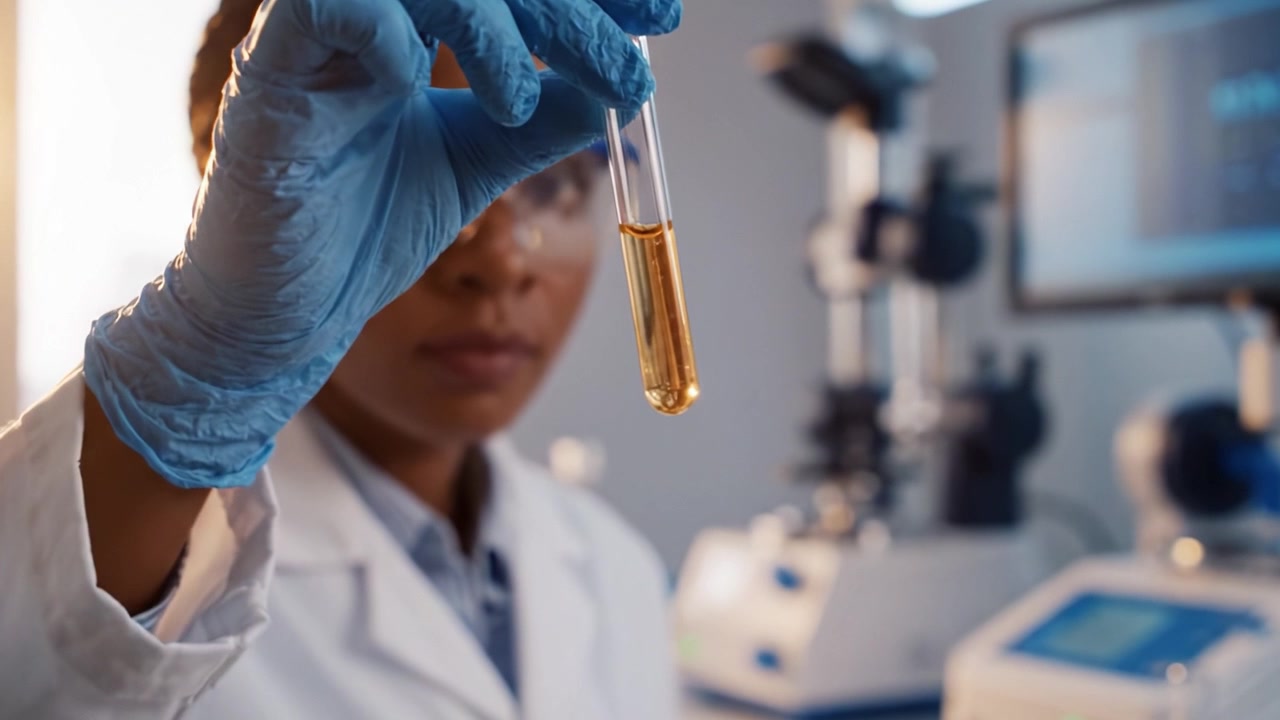 A focused scientist in a laboratory carefully analyzes a test tube filled with liquid, showcasing precision and dedication to scientific research and discovery.