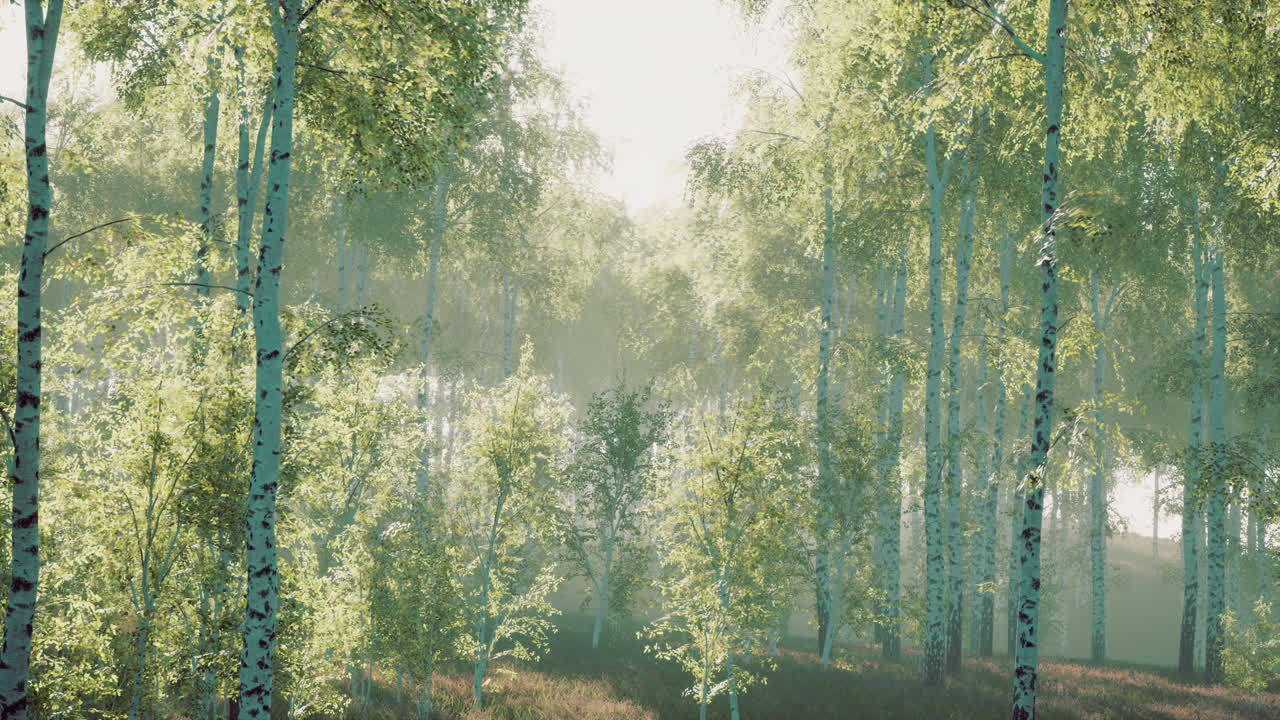 Birches with green leaves sway in the strong wind