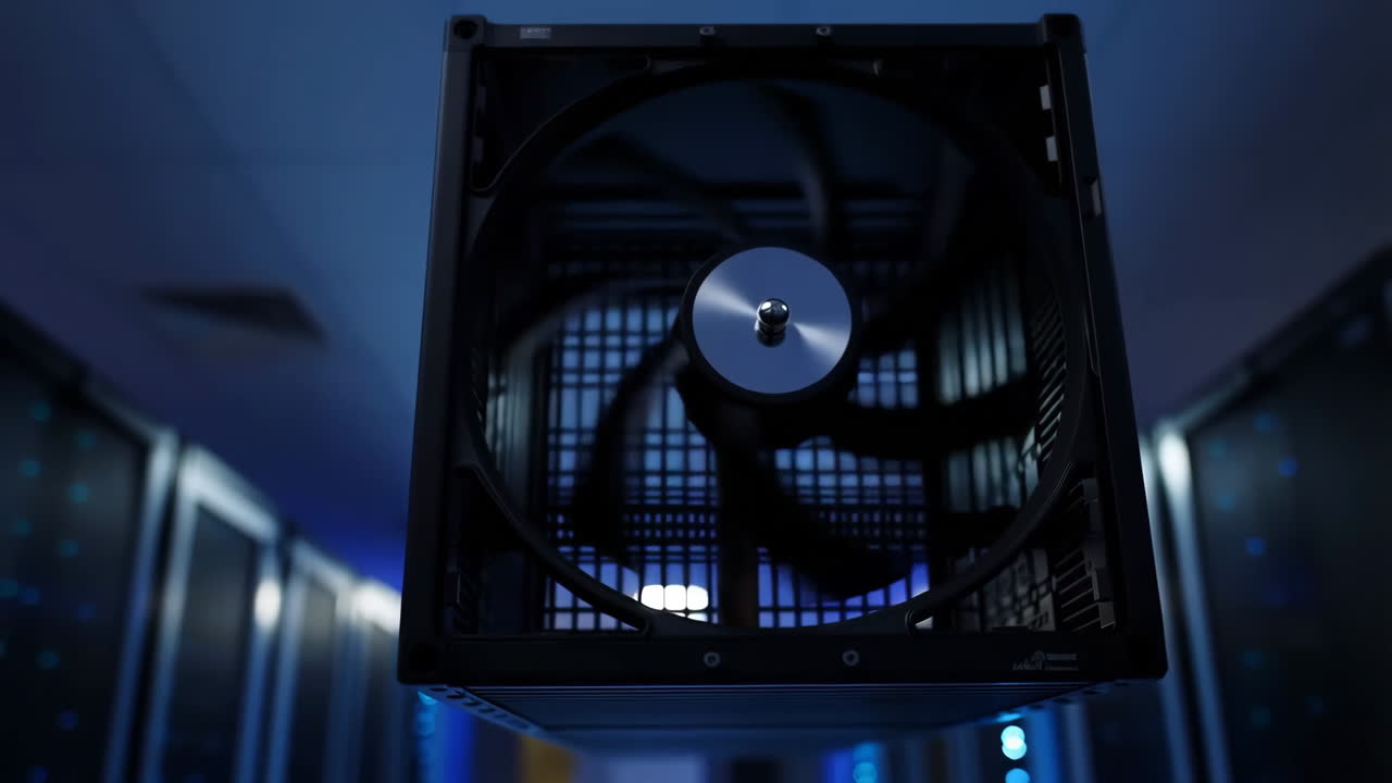 Close-up of a server cooling fan in a data center