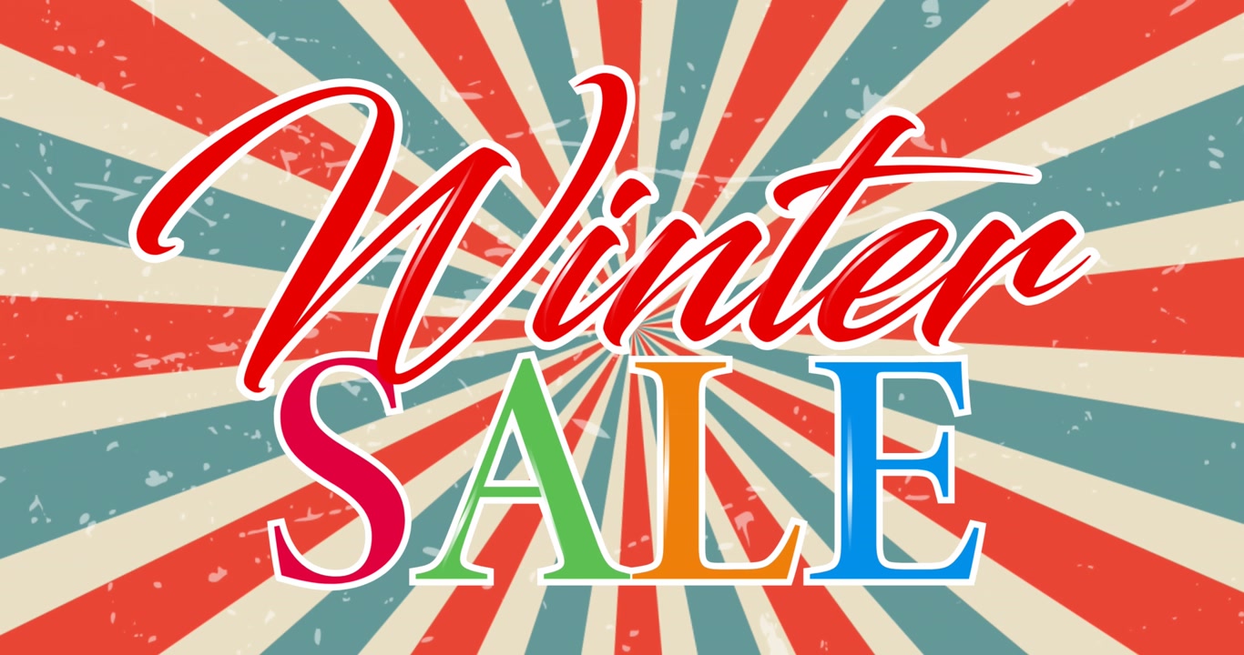 Animation of winter sale text banner against blue and red radial rays spinning in seamless pattern