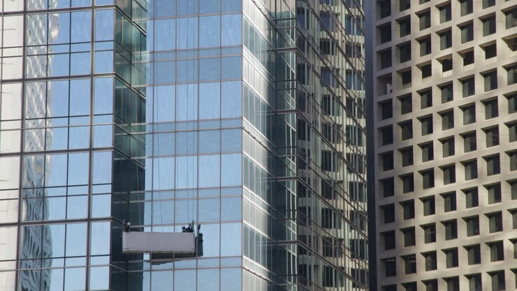 Lavavetri su moderni grattacieli di vetro nel Distretto Finanziario Centrale di Hong Kong