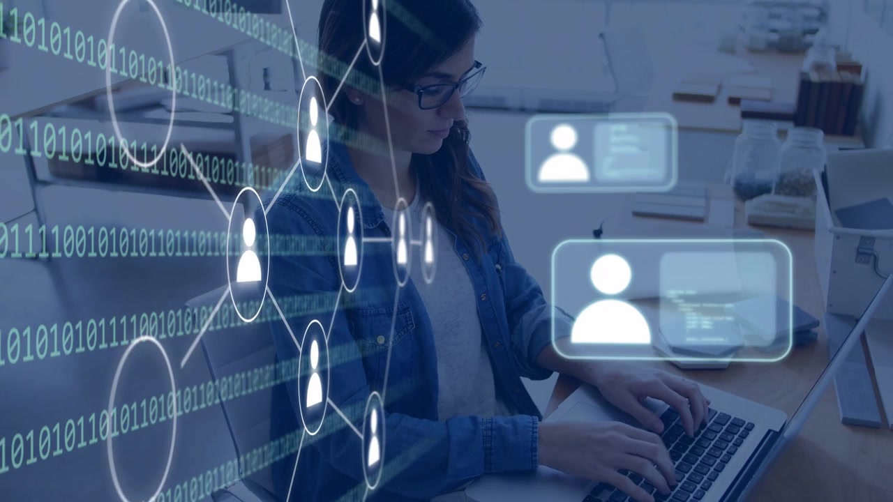 Woman typing laptop sending binary ribbon while nodes linking, profile cards showing social data