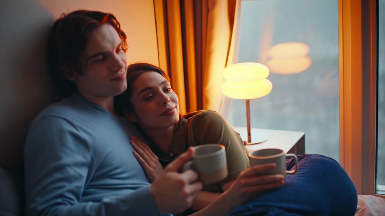 Amanti serali che si abbracciano a letto bevendo caffè, primo piano. Uomo rilassato che abbraccia una donna