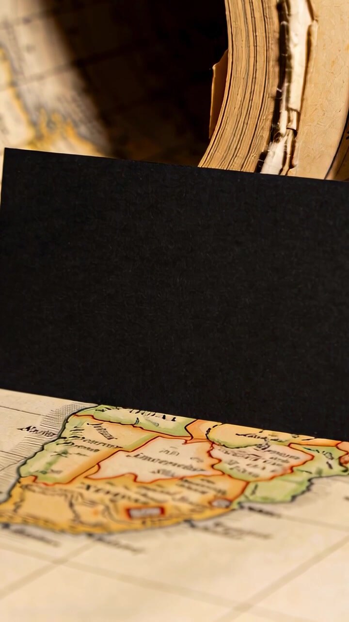Vidéo verticale : Carte noire glissant sur une table, révélant une carte ancienne et un atlas roulé.