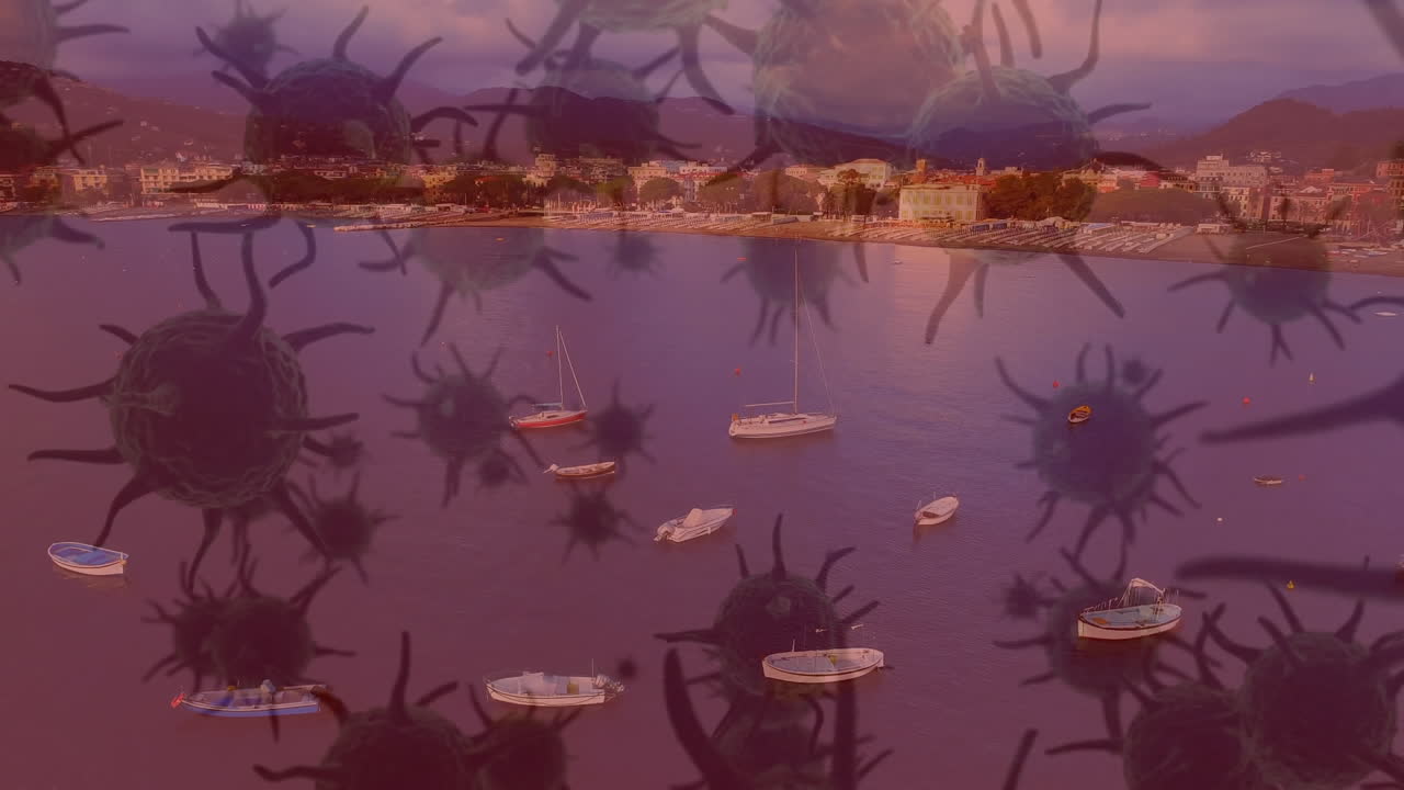 맥로 코로나 바이러스가 도시 풍경을 배경으로 퍼지고 있습니다.