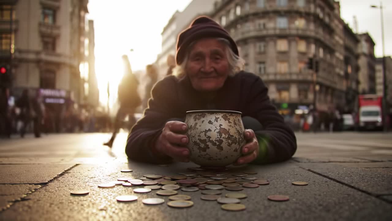 An elderly individual kneels on a bustling city street, holding a bowl for donations. The sun sets behind tall buildings, casting a warm glow over the scene.