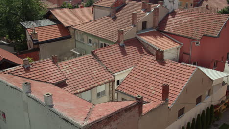 aerial view of town with tile roofs