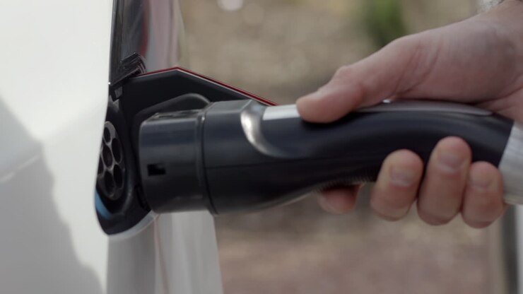 Un primo piano di una mano che ricarica un'auto elettrica