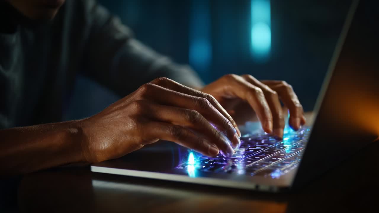 A person engaged in focused and intense typing on a backlit laptop keyboard, their hands illuminated by the colorful lights from the keys, suggesting a late-night work or creative session