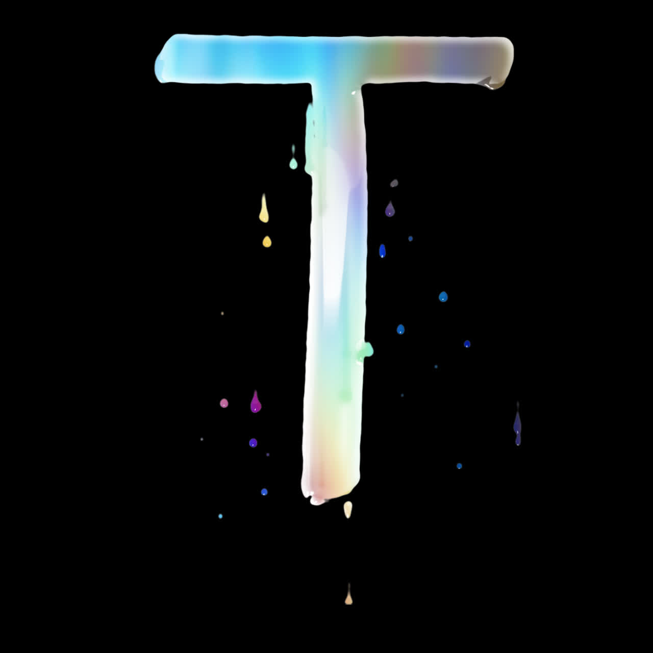 Lettera T iridescente colorata con vernice che cola su sfondo nero