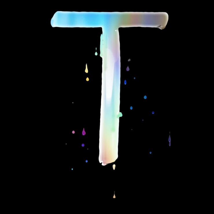 Lettera T iridescente colorata con vernice che cola su sfondo nero