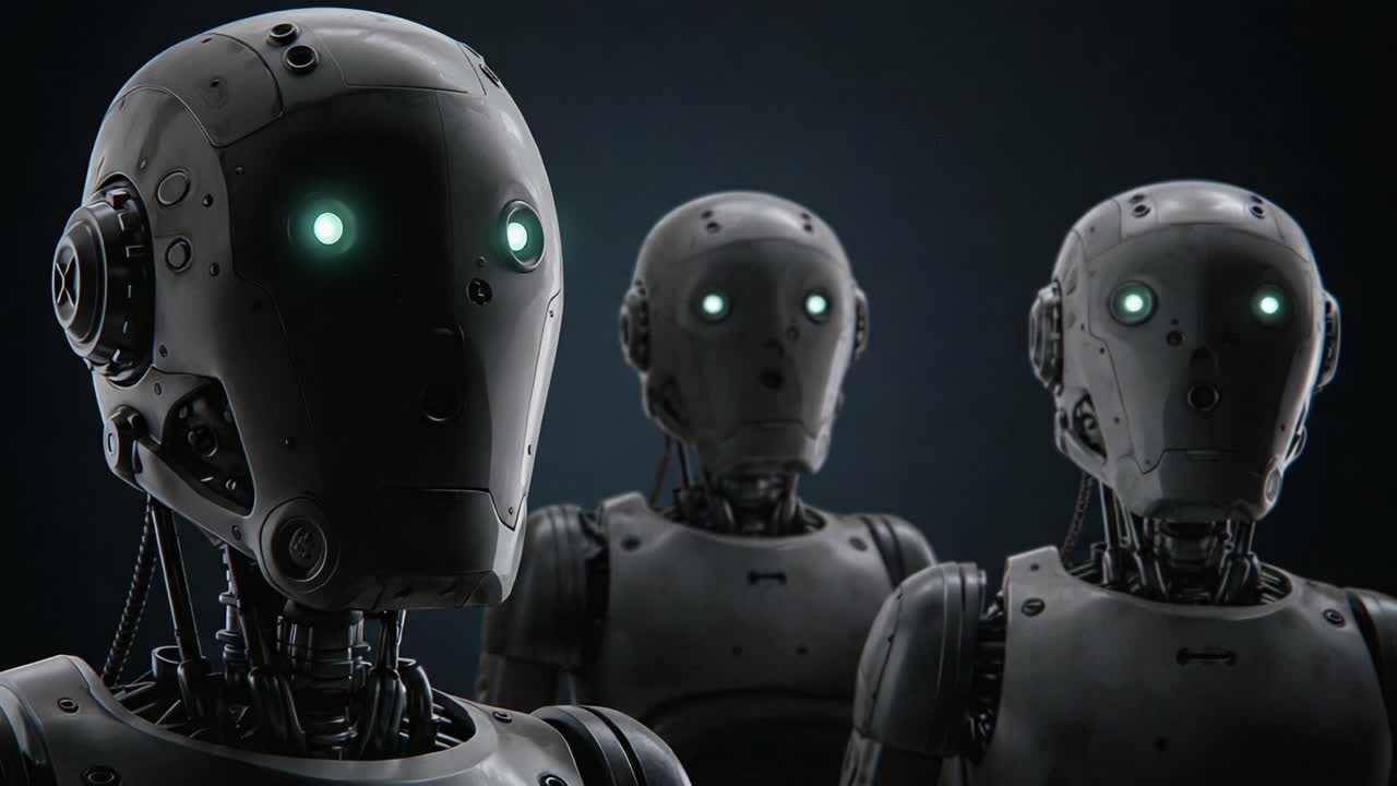 A captivating glimpse into the world of robotic innovation, featuring three distinct robotic figures with glowing eyes, showcasing advanced artificial intelligence technology