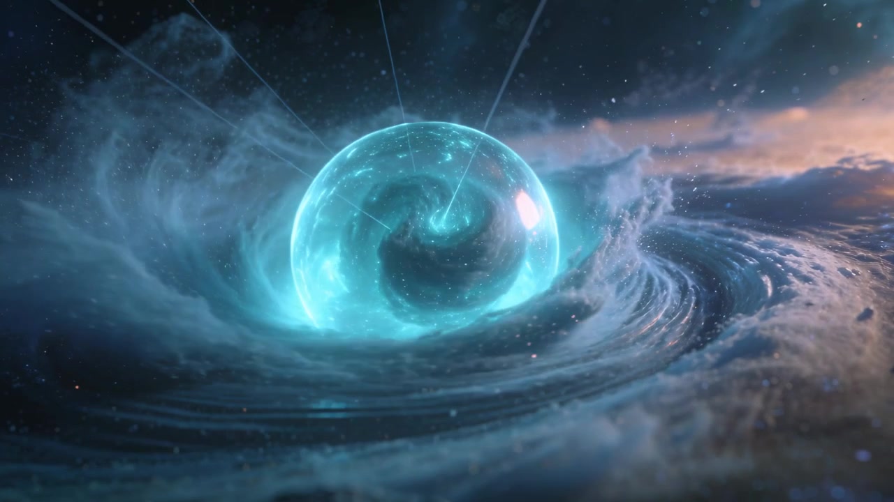 Receiving narrow beam, glowing cyan sphere intensifying swirl in rotating disc, attracting sparks