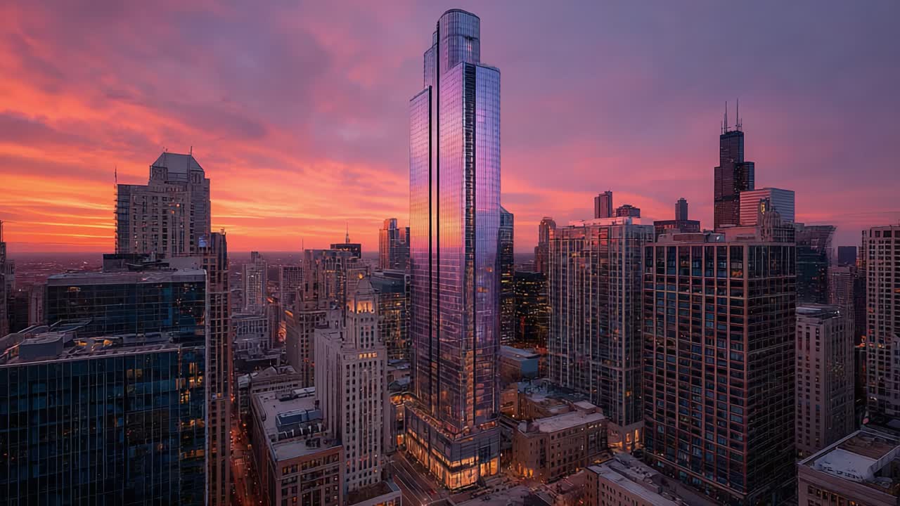 Paisagem urbana deslumbrante ao entardecer: vistas fascinantes de um arranha-céu moderno iluminado contra um pôr do sol vibrante e o céu noturno