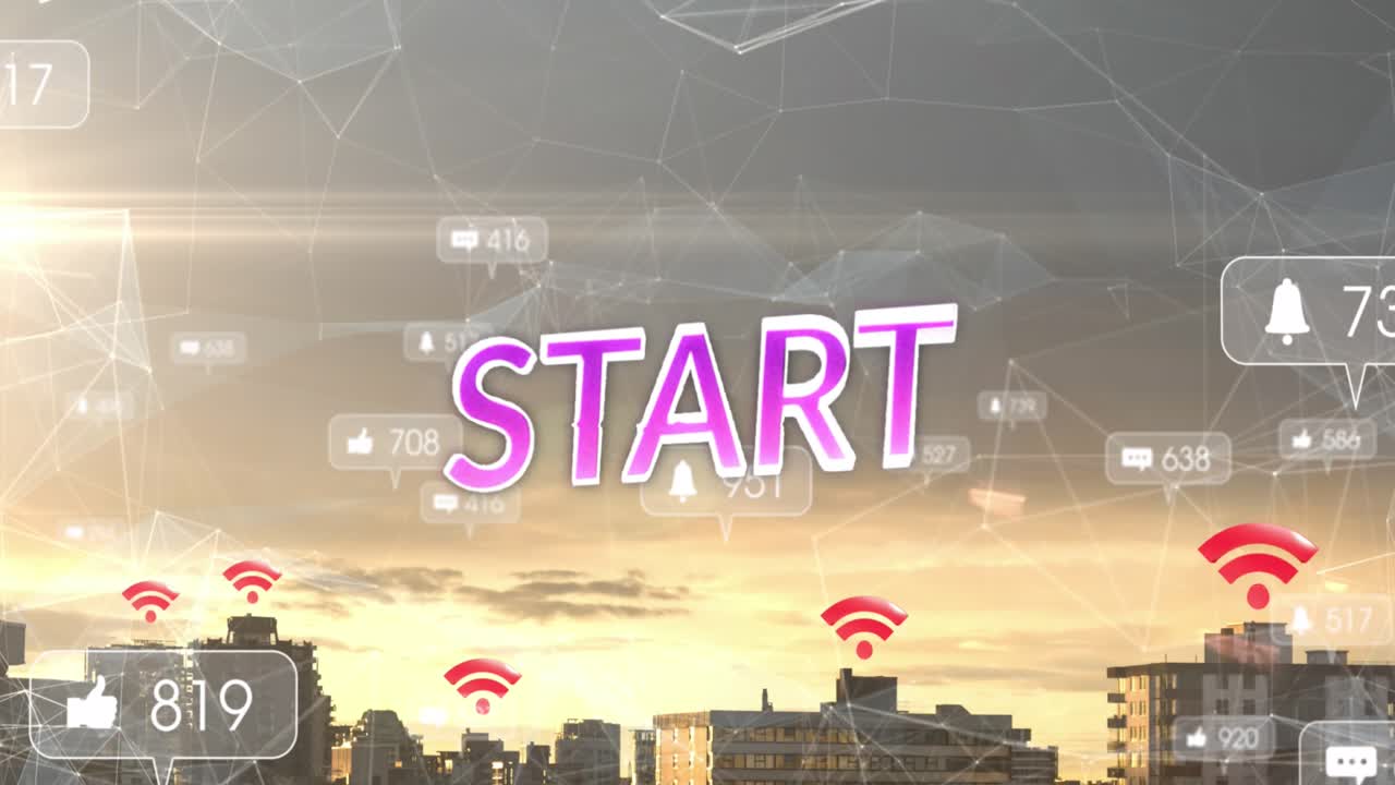 Animation von Start und Social-Media-Reaktionen über einer Stadtlandschaft