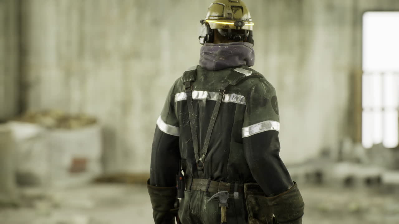 Misterioso pompiere si erge in silenzio tra i pilastri di un garage sotterraneo.