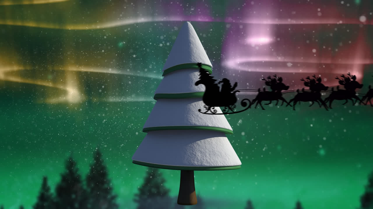 Animazione di neve che cade e Babbo Natale su slitta con renne su paesaggio invernale.