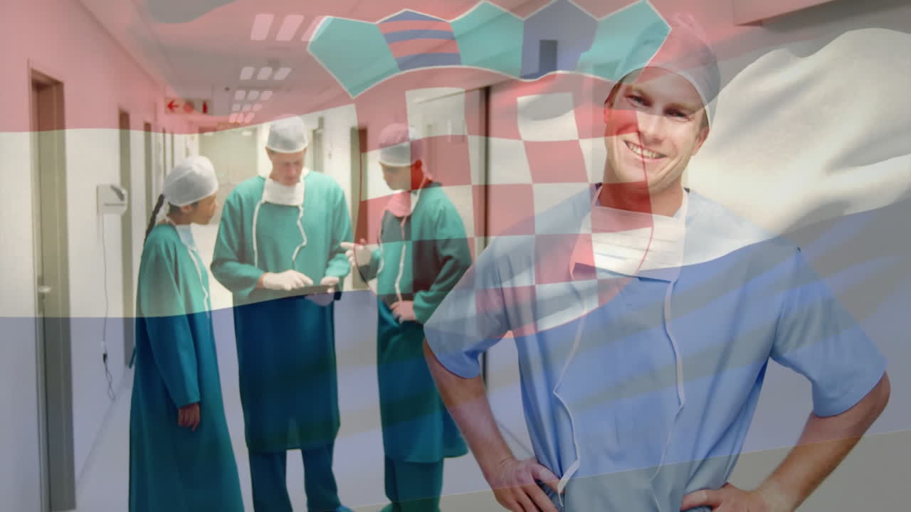 Animation of flag of croatia over caucasian surgeons talking and smiling