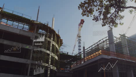 Cranes at construction site with data graphs overlaying animation in progress