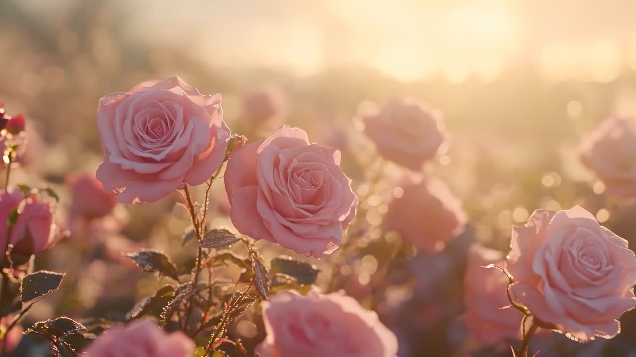 Close-up video of pink roses in soft focus, bathed in warm, golden sunlight