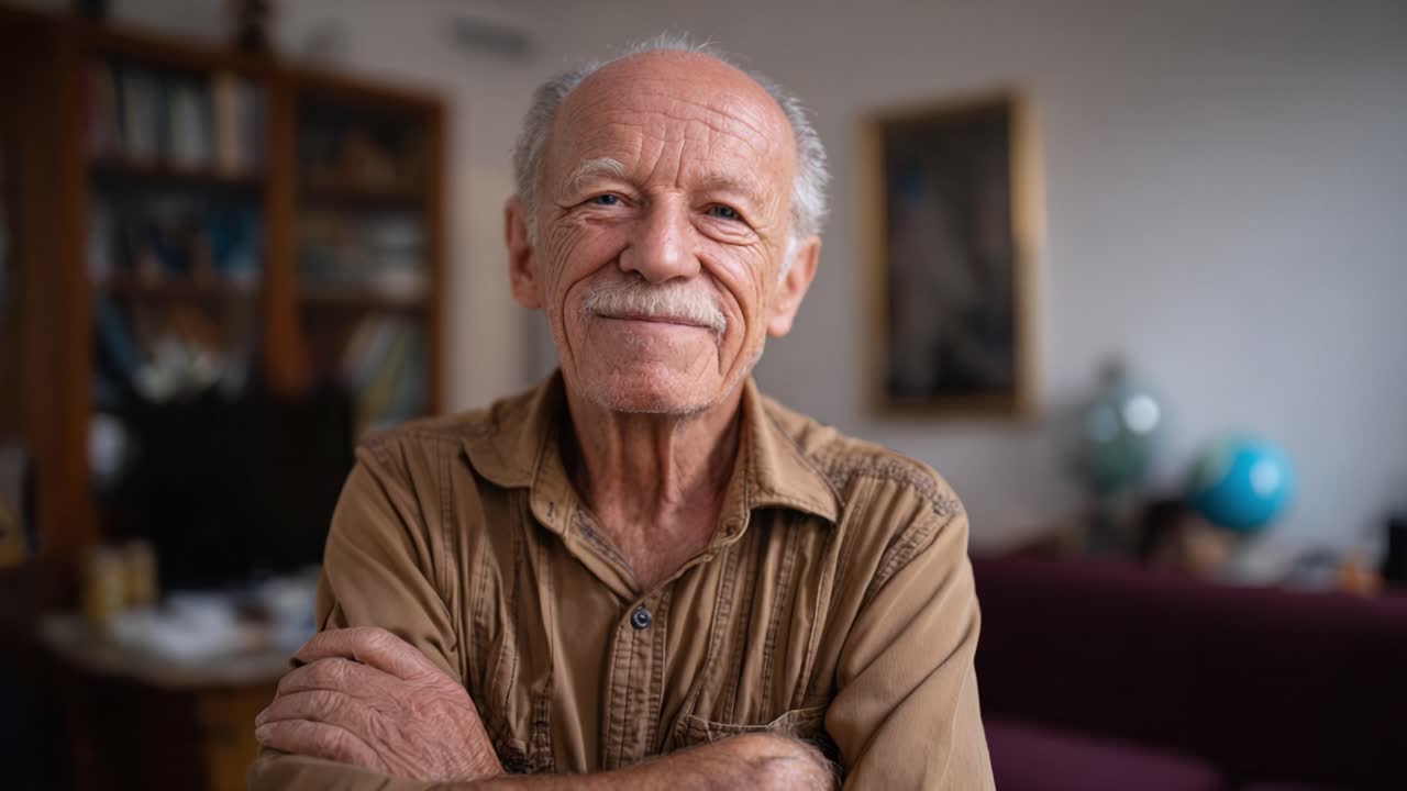 Retrato cautivador de un hombre mayor sonriente con los brazos cruzados en un ambiente acogedor de salón, que captura sabiduría y amabilidad en una escena conmovedora.