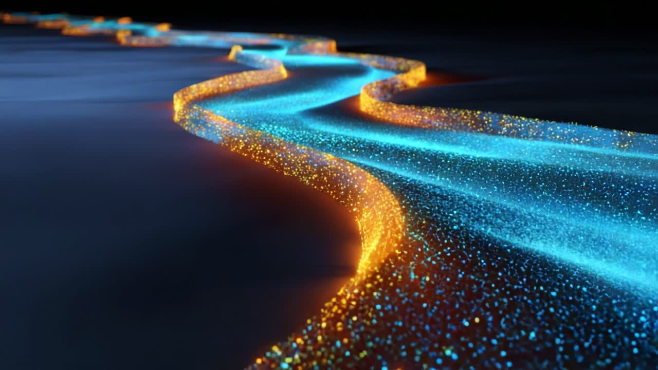 A Stunning Flow of Sparkling Blue and Orange Light: An Enchanting Visual Journey Through a Glimmering River of Colorful Particles in a Dreamlike Environment