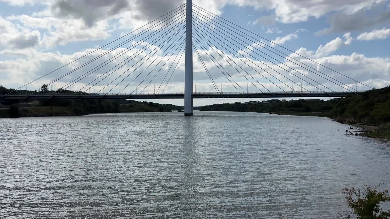 Northern spire tall big white bridge north east sunderland england river wear tyne drone aerial view