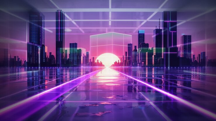 Retrofuturistic Cityscape with Neon Grid and Sunset