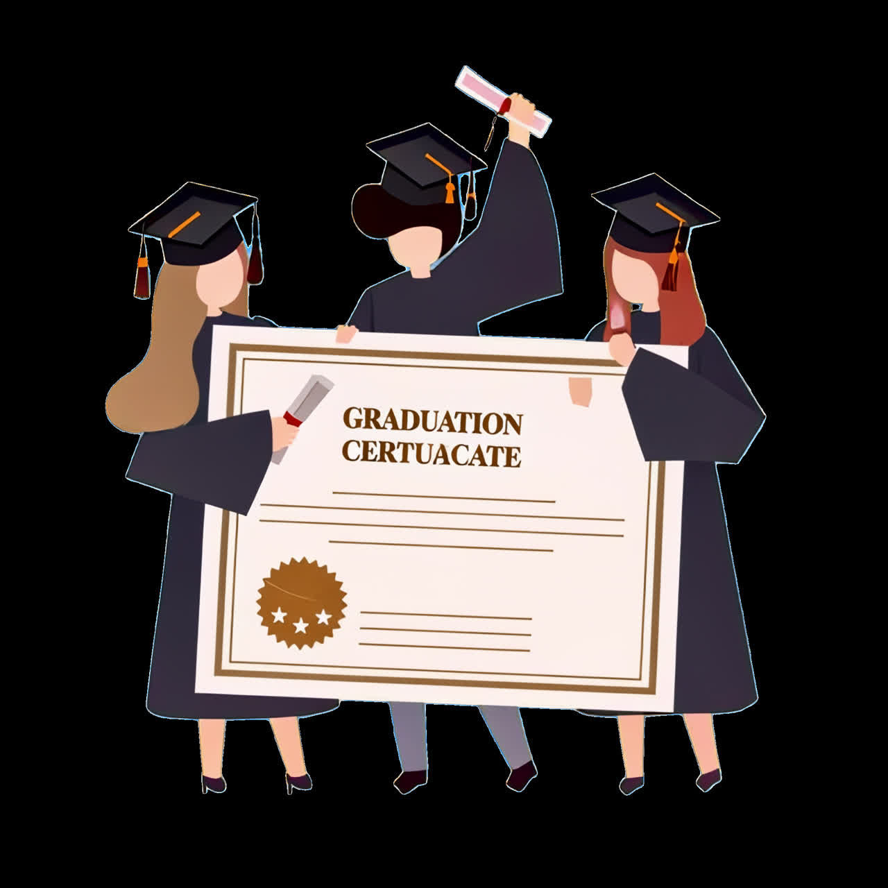 Graduates holding large certificate animation isolated asset, transparent 4K video, alpha channel